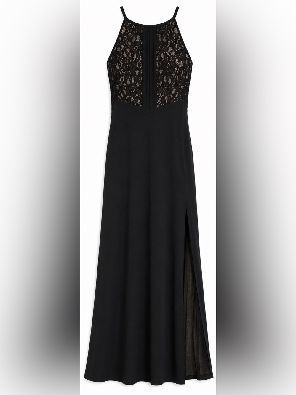 Blondie Nites Black Lace Halter Top Formal Gown Maxi Dress with Side Slit Size 5